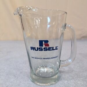 Vintage 1986 Russell Athletic Service Awards Banquet Glass Pitcher Clear Logo